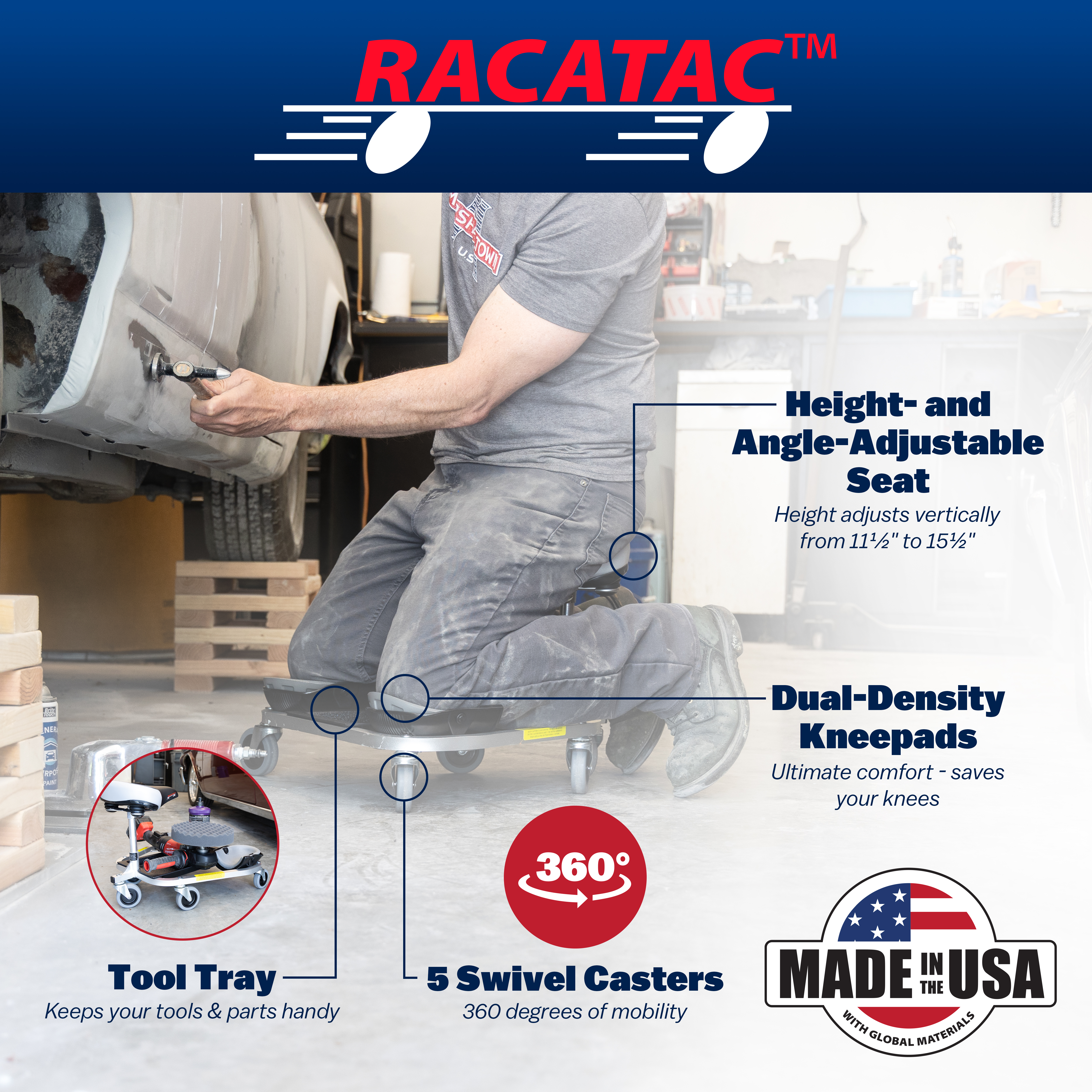 Key Product Features called out on an image of a man using the RACATAC for automotive wrok